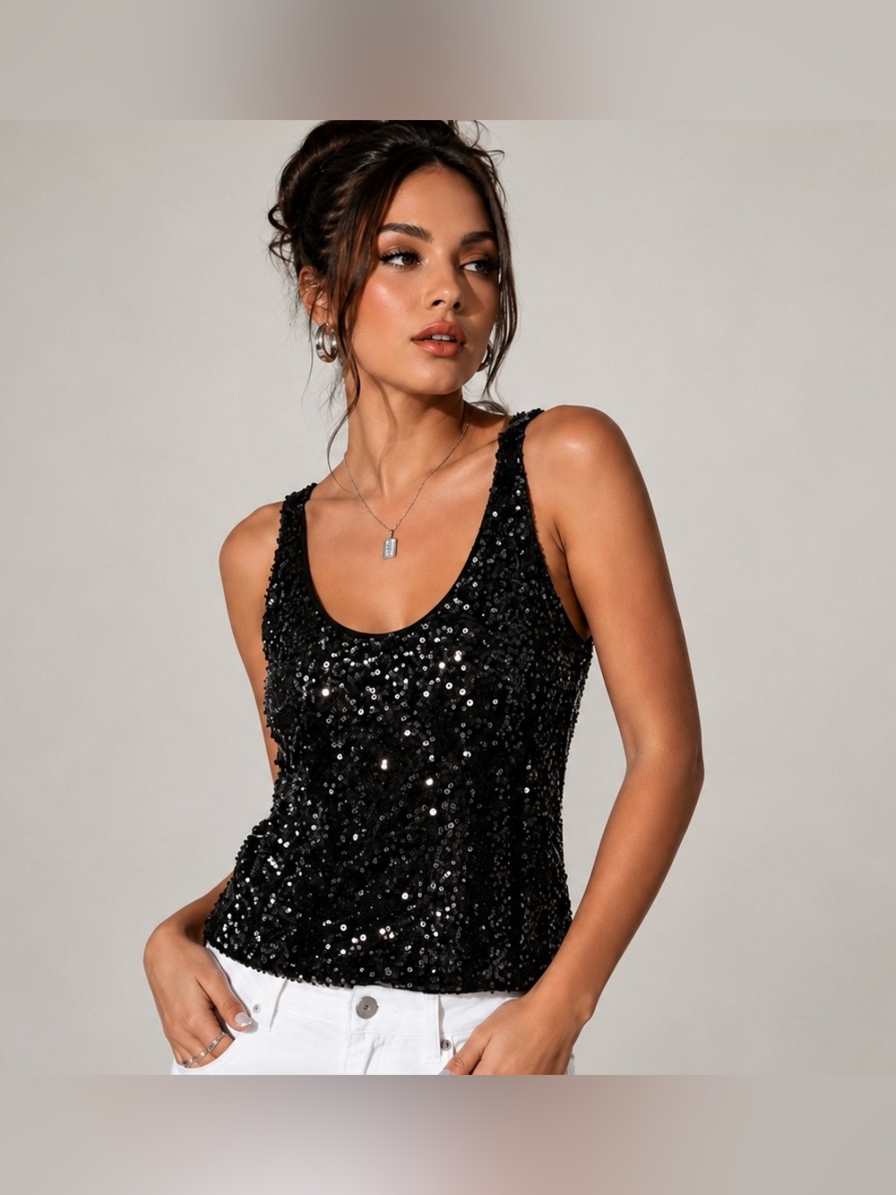 DECREE Black Drapey Full Front Sequin Tank Women’s M Light Weight Knit Back